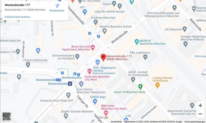 Eventfilm 13 Ausschnitt der Google Maps Karte mit Standort-Pin bei der Westendstraße 177 im Westend von München für die Anfahrt zur 3DMS Filmproduktion.