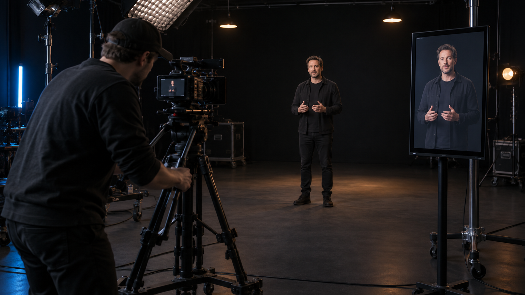 Ein Dreh, alle Kanäle: Welche Videoformate du für Website, Social Media und Messe brauchst 2 Kameramann kontrolliert den Hochformat-Bildausschnitt im schwarzen Studio