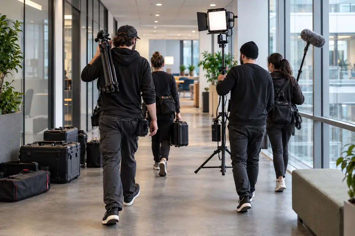 Recruitingfilm planen: Was vor dem Drehtag geklärt sein muss 2 Filmteam trägt Stativ, LED-Leuchte und Tonangel durch einen Bürogang zum nächsten Drehort