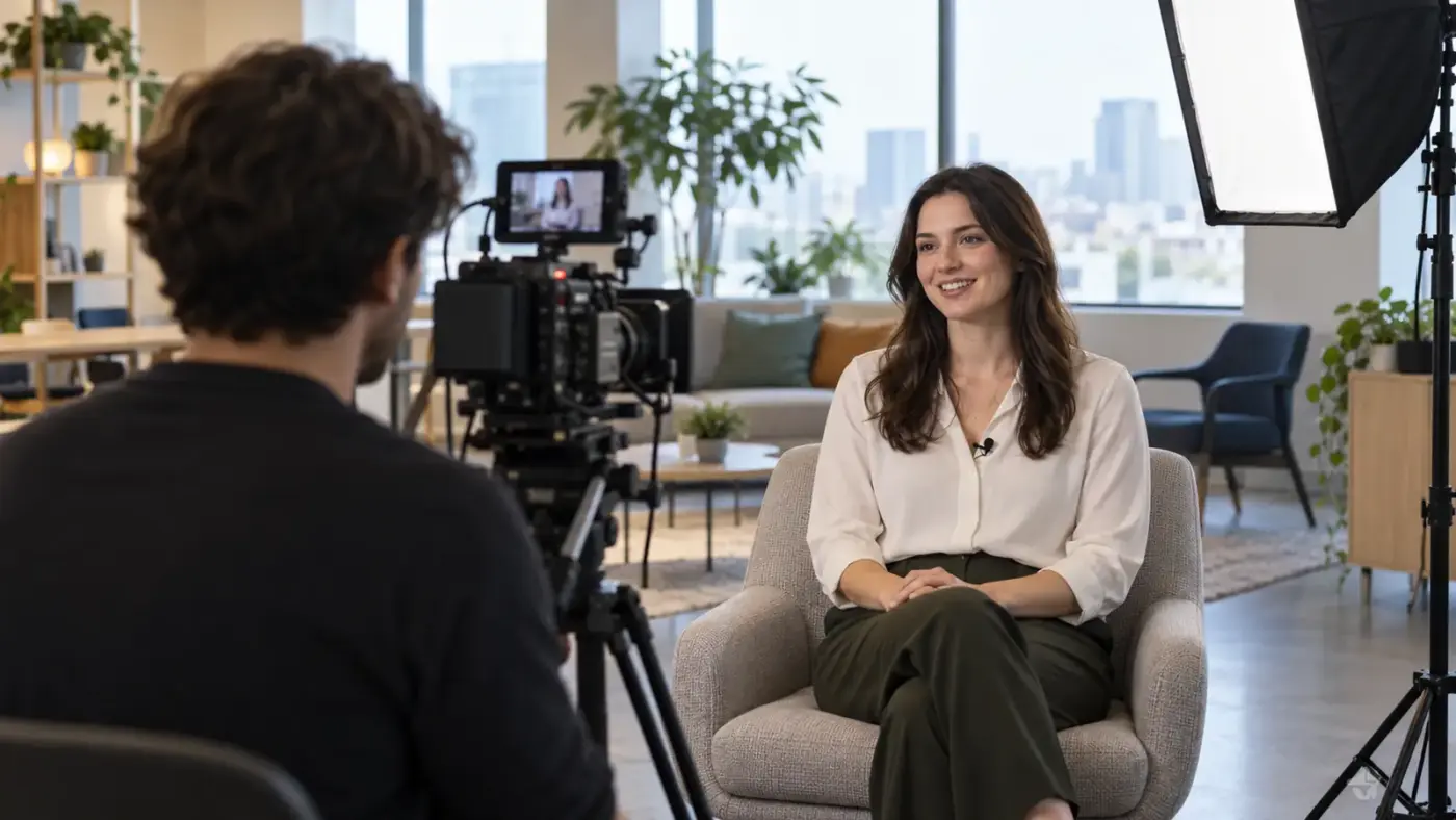 Recruitingfilm planen: Was vor dem Drehtag geklärt sein muss 1 Interviewdreh in einem Büro: Frau mit Ansteckmikrofon sitzt vor einer Kamera auf Stativ, seitlich eine Softbox