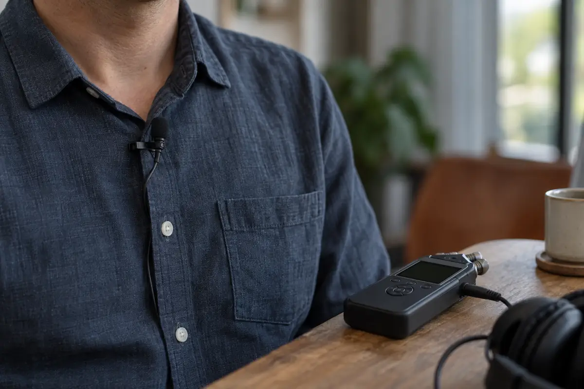 Recruitingfilm planen: Was vor dem Drehtag geklärt sein muss 3 Ansteckmikrofon am Hemdkragen einer Person, daneben auf dem Tisch ein Audiorecorder mit Kopfhörerkabel