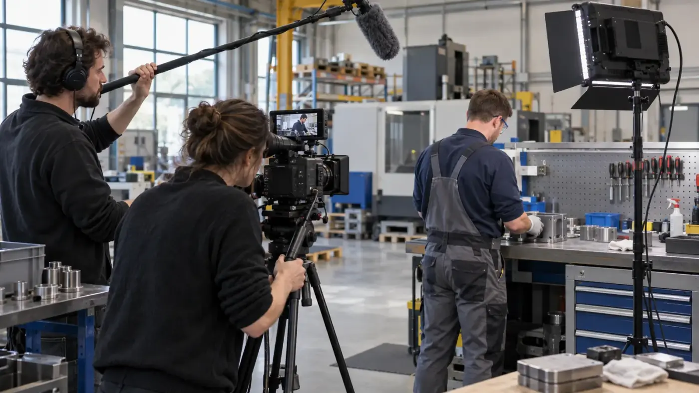 Schulungsvideo in Modulen planen: kurze Bausteine statt eines langen Films 2 Filmteam mit Kamera, LED-Leuchte und Tonangel filmt in einer Werkhalle einen Arbeitsschritt an der Werkbank
